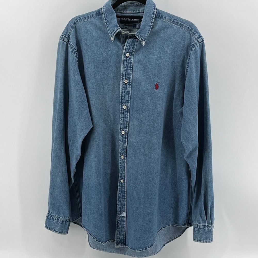 Ralph Lauren Mens Denim Button Down Shirt L Blue Long Sleeve Red Pony Logo